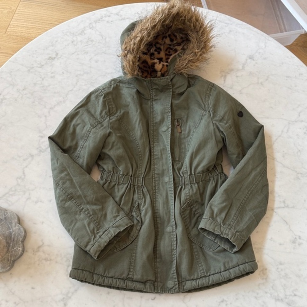 Girls Olive Green Utility Jacket Size 10/12 Faux Fur Hood Leopard Lined Parka